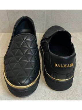 BALMAIN Black Quilted Leather Gold Trim Slip On Sneaker Shoes 36 US 6